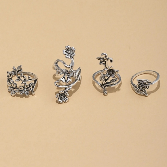 Flower Ring Set Silver Tone 4 Rings - Picture 5 of 10